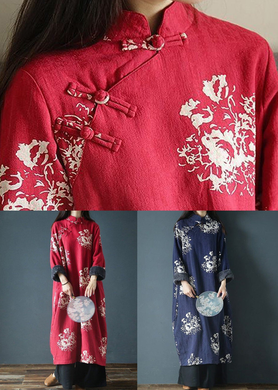 Italian Red Button Print Patchwork Fleece Long Dress Spring