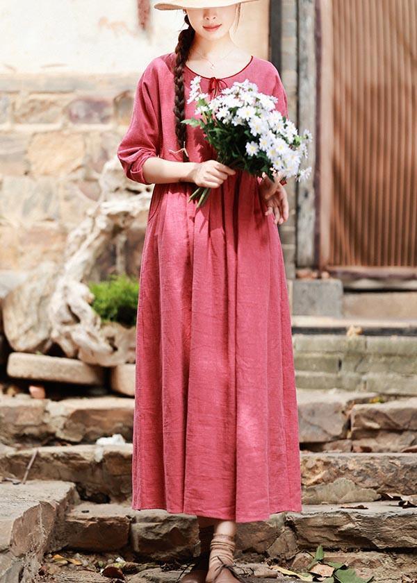 Italian Red Clothes For Women O Neck Pockets Maxi Spring Dress - Omychic