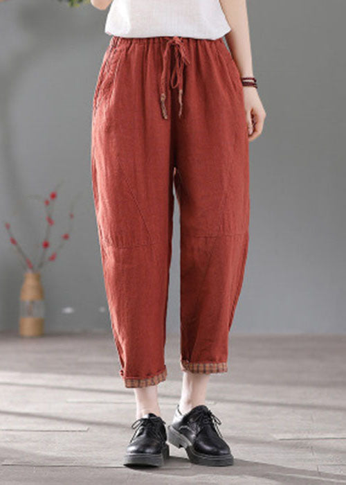 Italian Red Elastic Waist Pockets Patchwork Linen Crop Pants Fall