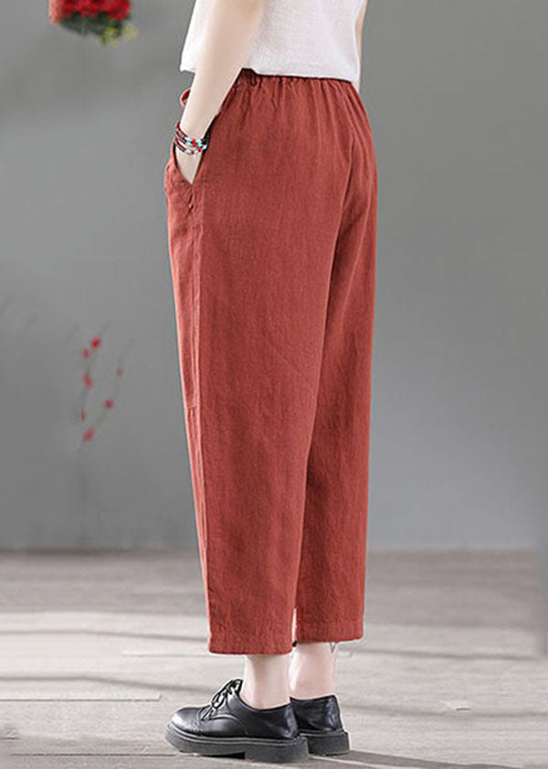 Italian Red Elastic Waist Pockets Patchwork Linen Crop Pants Fall