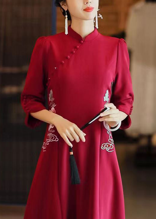 Italian Red Embroideried Button Side Open Silk Long Dresses Fall