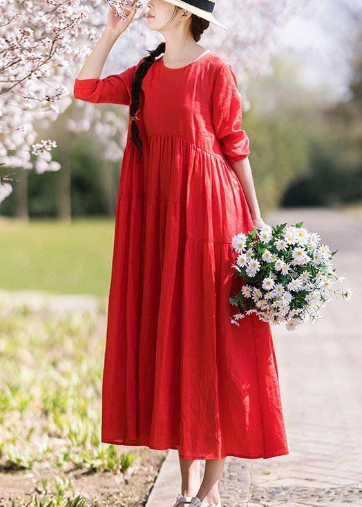 Italian Red Half Sleeve O-Neck Summer Linen Dress - Omychic