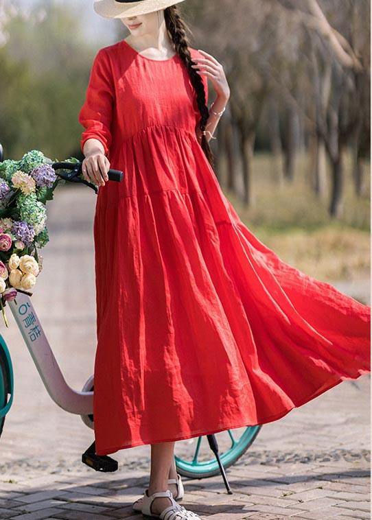 Italian Red Half Sleeve O-Neck Summer Linen Dress - Omychic