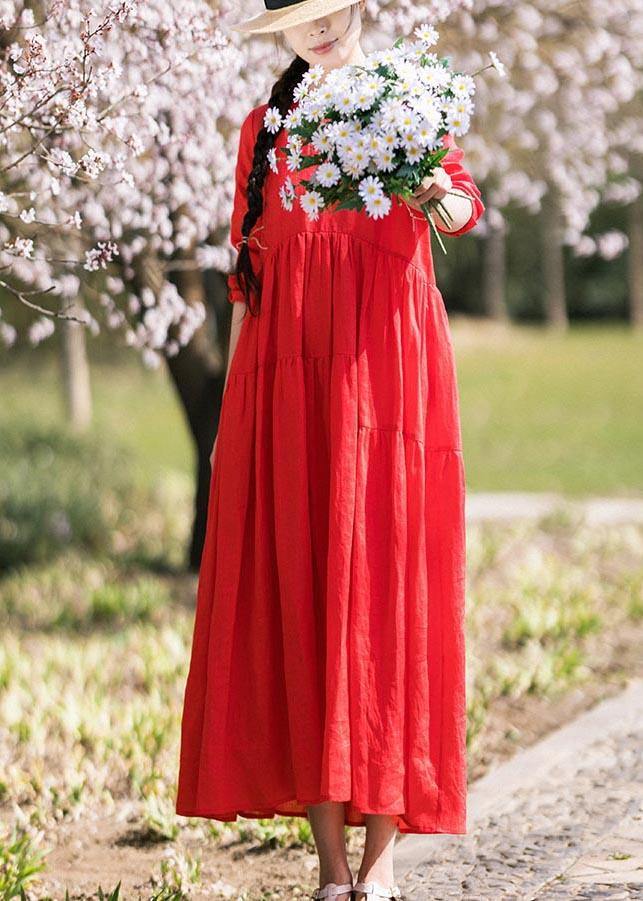 Italian Red Half Sleeve O-Neck Summer Linen Dress - Omychic