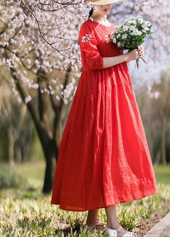 Italian Red Half Sleeve O-Neck Summer Linen Dress - Omychic
