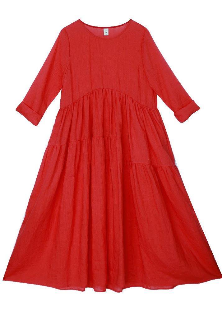 Italian Red Half Sleeve O-Neck Summer Linen Dress - Omychic