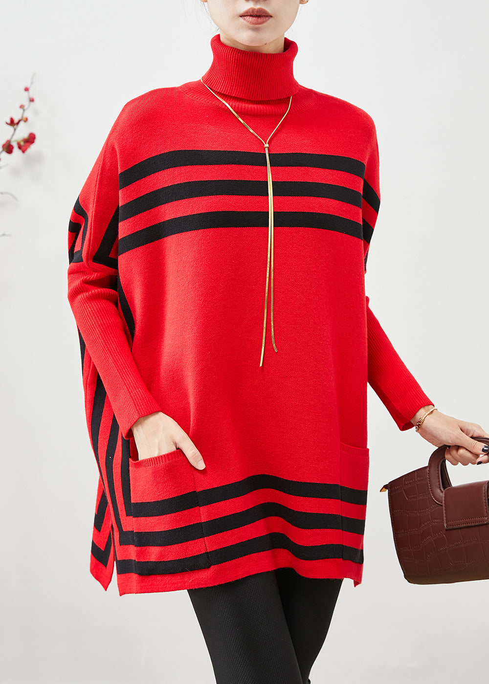 Italian Red High Neck Oversized Striped Knit Sweater Tops Fall