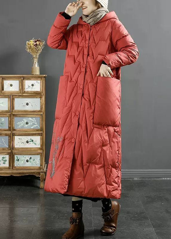 Italian Red Hooded Embroideried Solid Duck Down Down Coats Winter