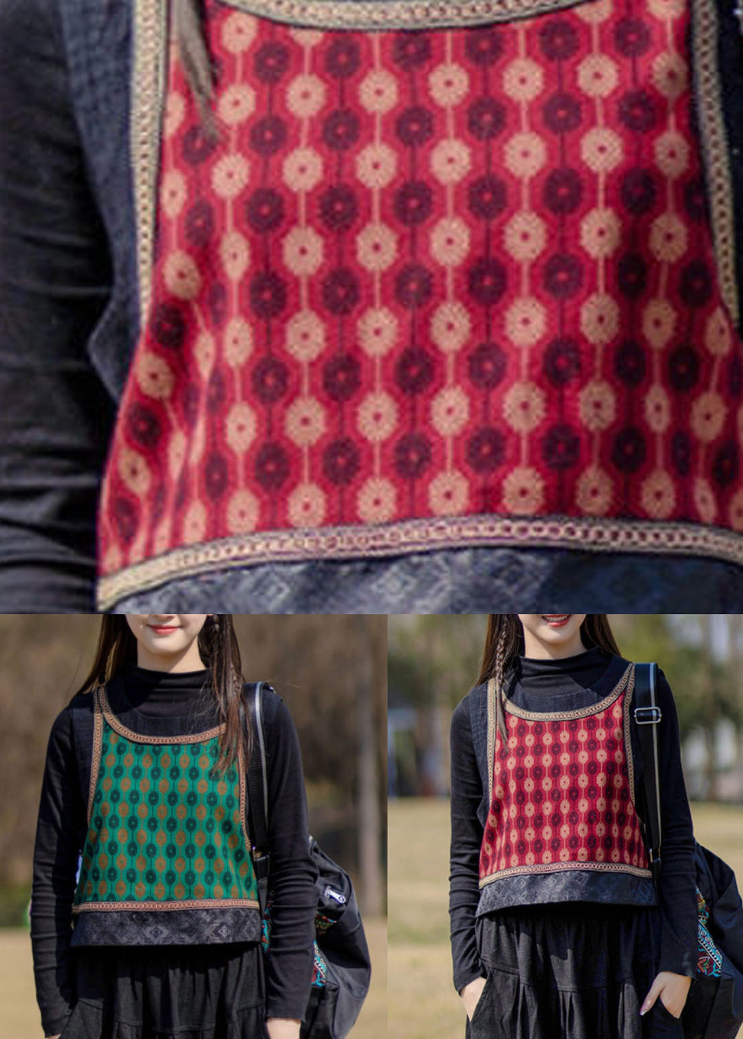 Italian Red O-Neck Patchwork Print Cotton Vest Spring