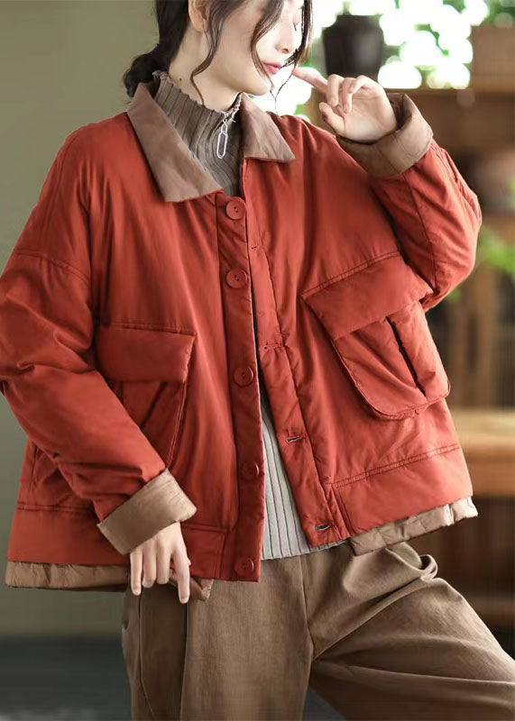 Italian Red Peter Pan Collar Pockets Patchwork Fine Cotton Filled Parka Jacket Winter
