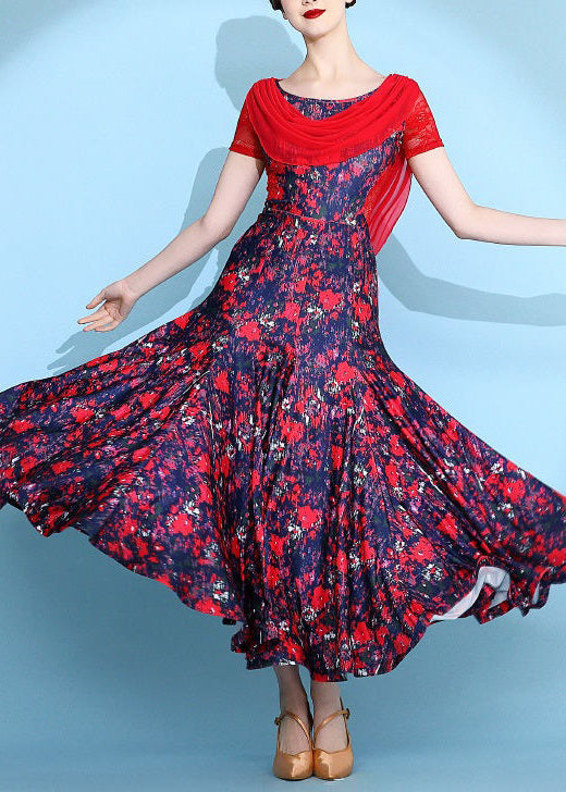 Italian Red Print Lace Patchwork Long Dresses Summer