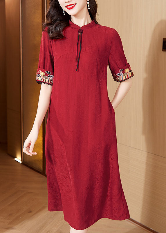Italian Red Stand Collar Embroideried Maxi Dresses Short Sleeve