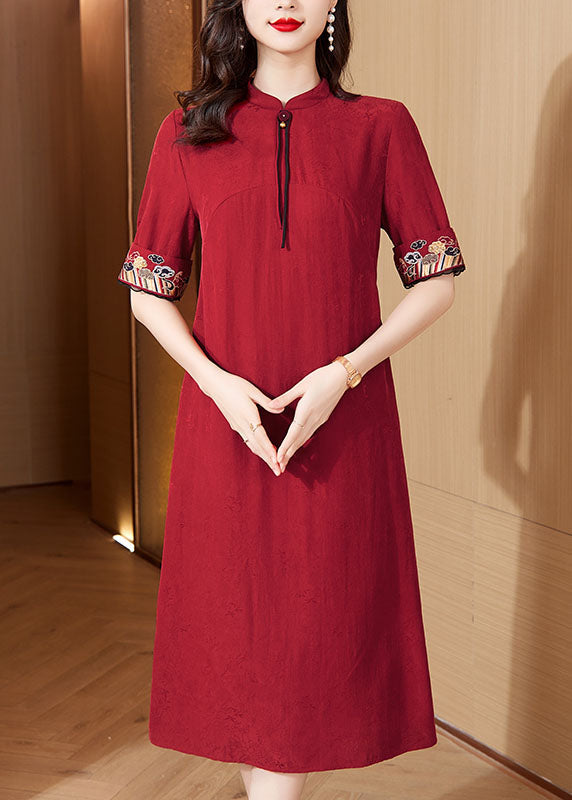 Italian Red Stand Collar Embroideried Maxi Dresses Short Sleeve