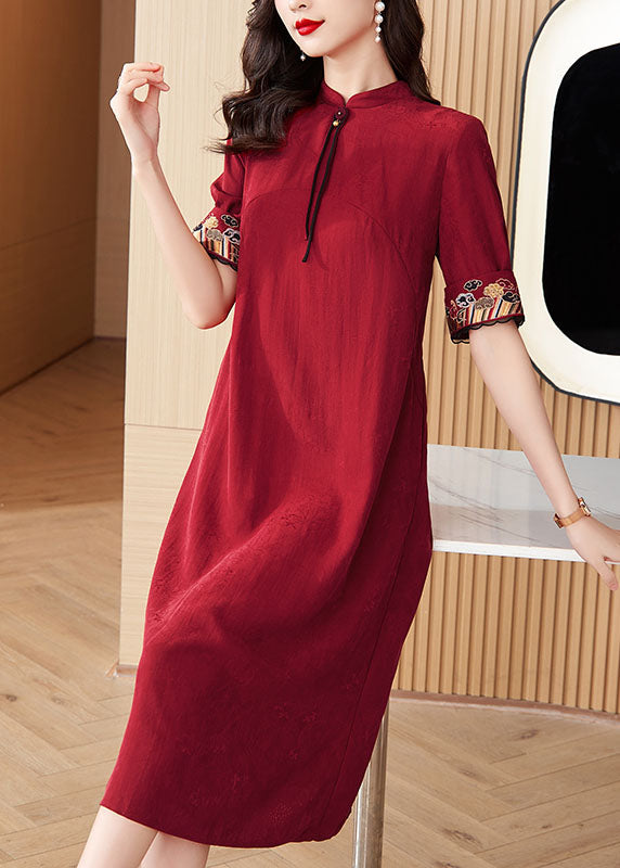 Italian Red Stand Collar Embroideried Maxi Dresses Short Sleeve