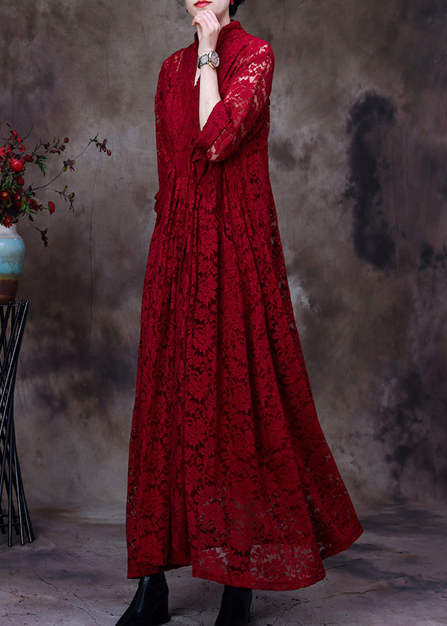 Italian Red V Neck Asymmetrical Patchwork Lace Maxi Dresses Long Sleeve