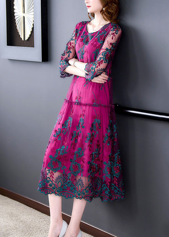 Italian Rose Embroideried Ruffled Patchwork Tulle Dress Half Sleeve