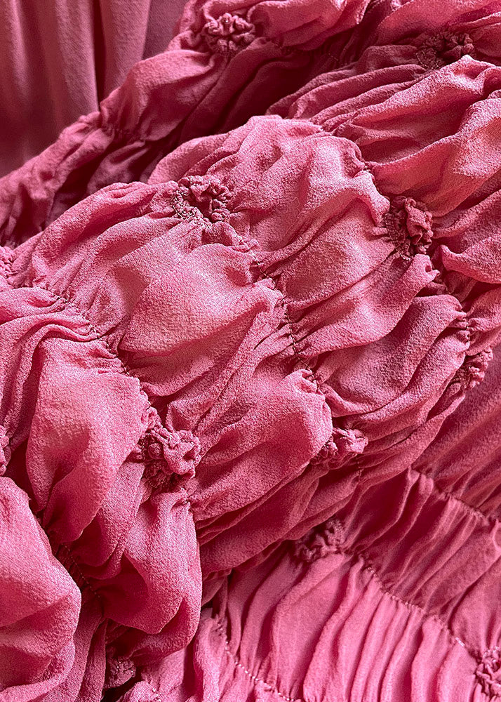 Italian Rose O-Neck Wrinkled Silk Long DressPuff Sleeve