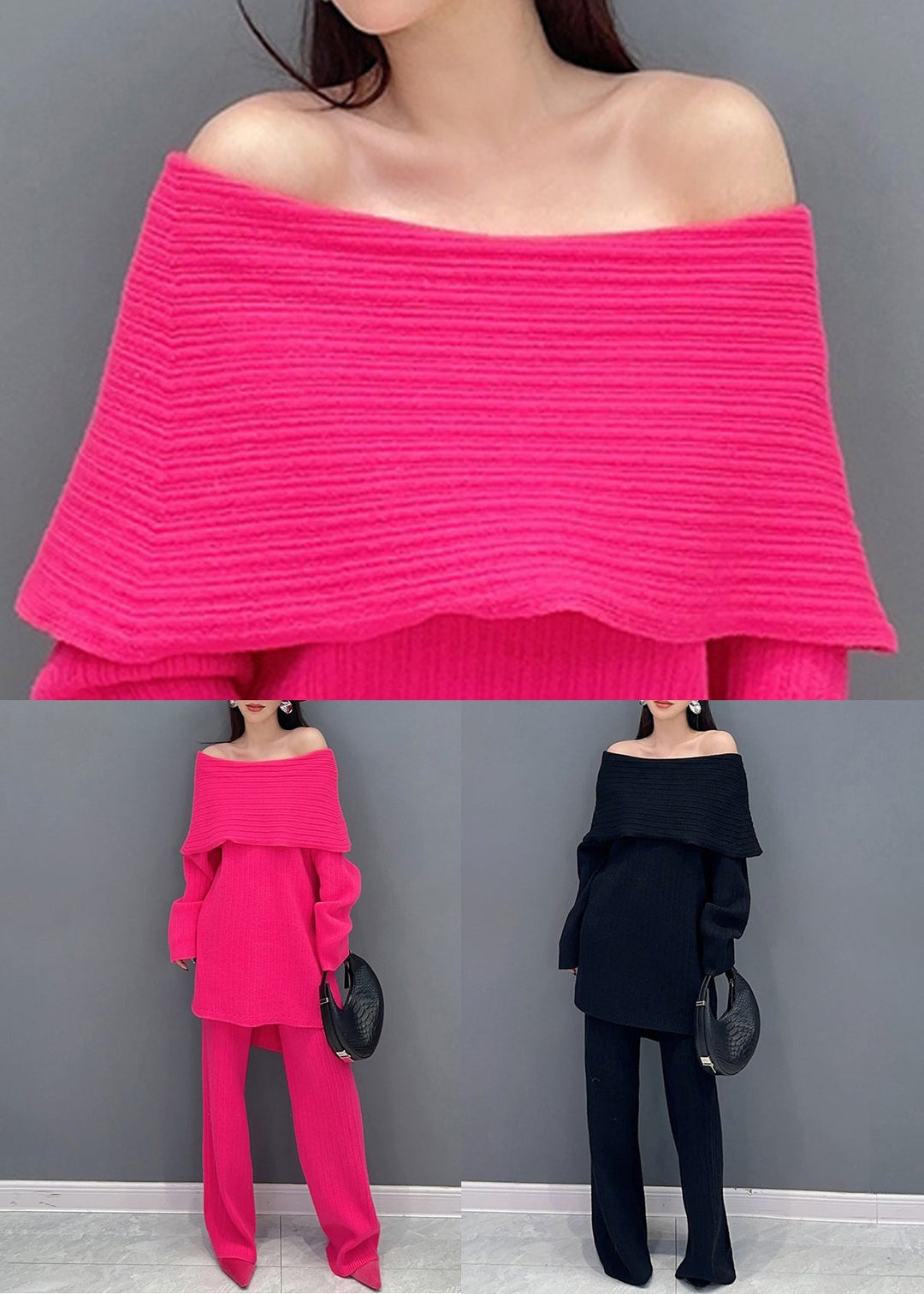 Italian Rose Slash Neck Tops And Pants Knit Two Pieces Set Spring