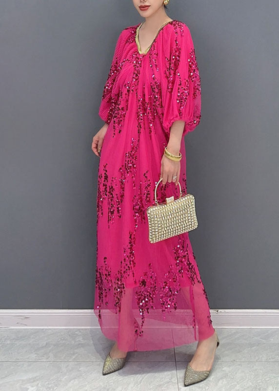 Italian Rose V Neck Sequins Tulle Long Dresses Bracelet Sleeve