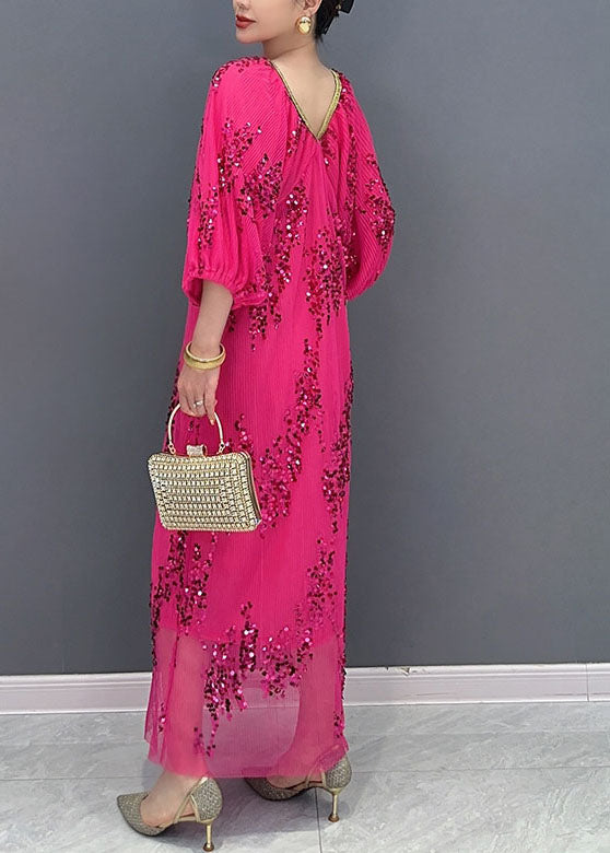 Italian Rose V Neck Sequins Tulle Long Dresses Bracelet Sleeve