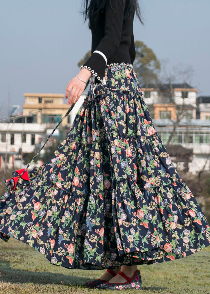 Italian Ruffled Patchwork Elastic Waist Long Skirt