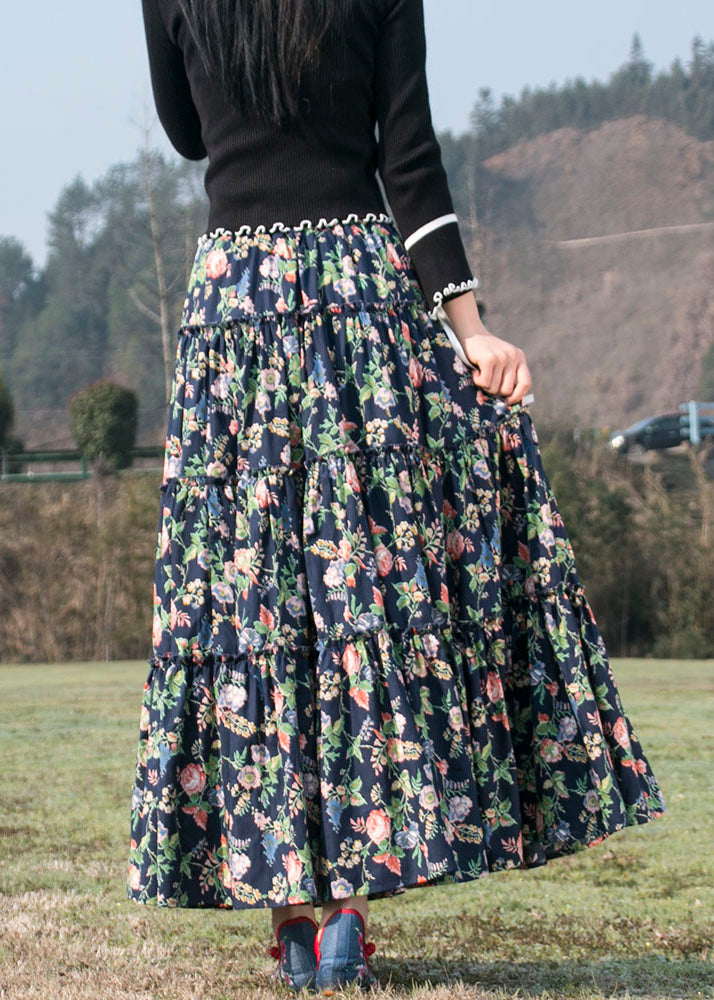 Italian Ruffled Patchwork Elastic Waist Long Skirt