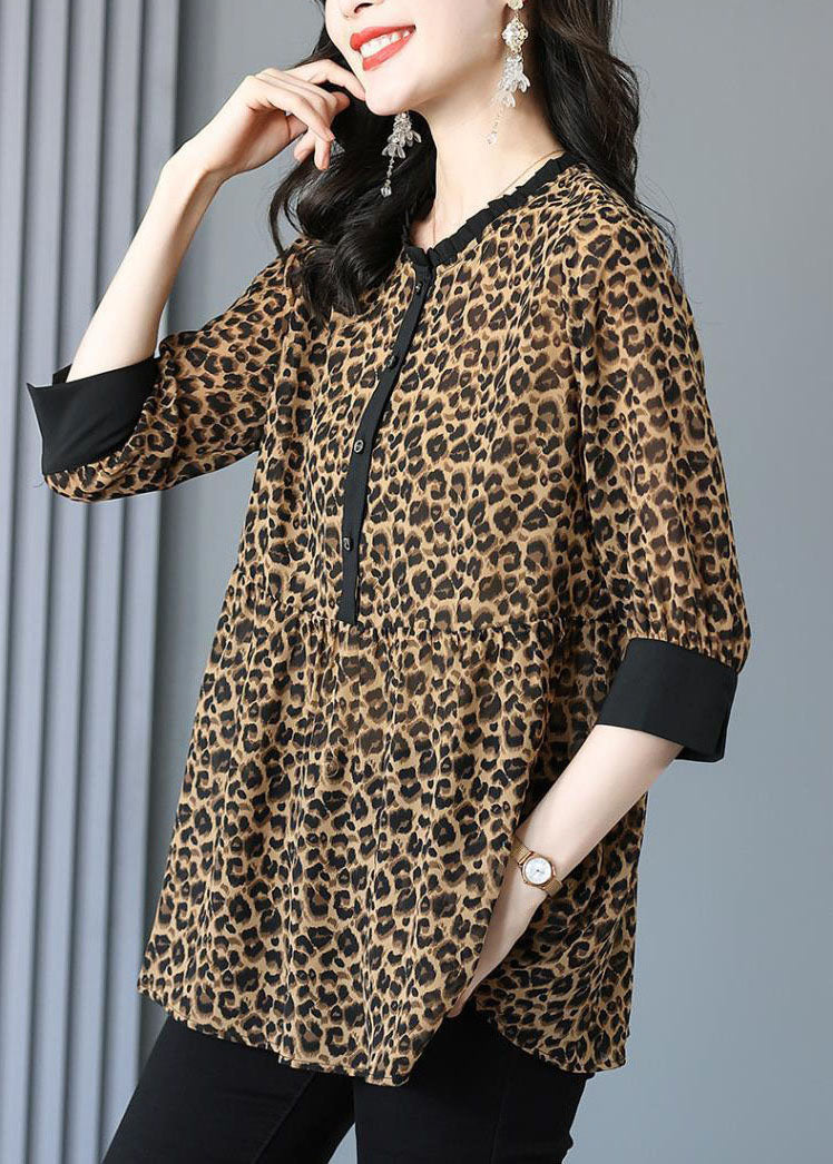 Italian Ruffled Patchwork Leopard Shirt Top Half Sleeve