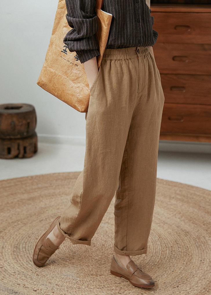Italian Spring Women Trousers Elastic Waist Khaki Pockets Casual Pants - Omychic