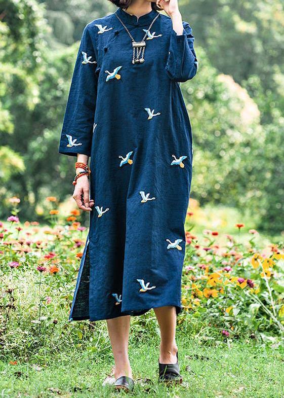 Italian Stand Collar Spring Wardrobes Runway Navy Embroidery A Line Dresses - Omychic