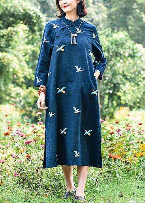 Italian Stand Collar Spring Wardrobes Runway Navy Embroidery A Line Dresses - Omychic