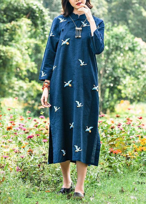 Italian Stand Collar Spring Wardrobes Runway Navy Embroidery A Line Dresses - Omychic