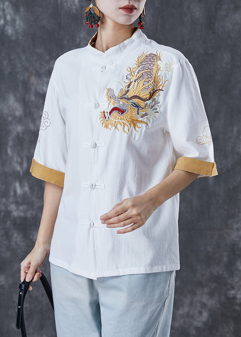 Italian White Embroideried Linen Blouse Tops Short Sleeve