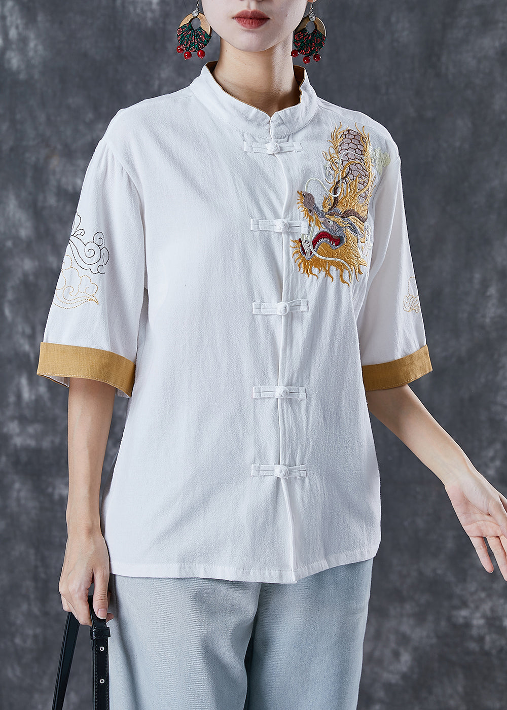 Italian White Embroideried Linen Blouse Tops Short Sleeve