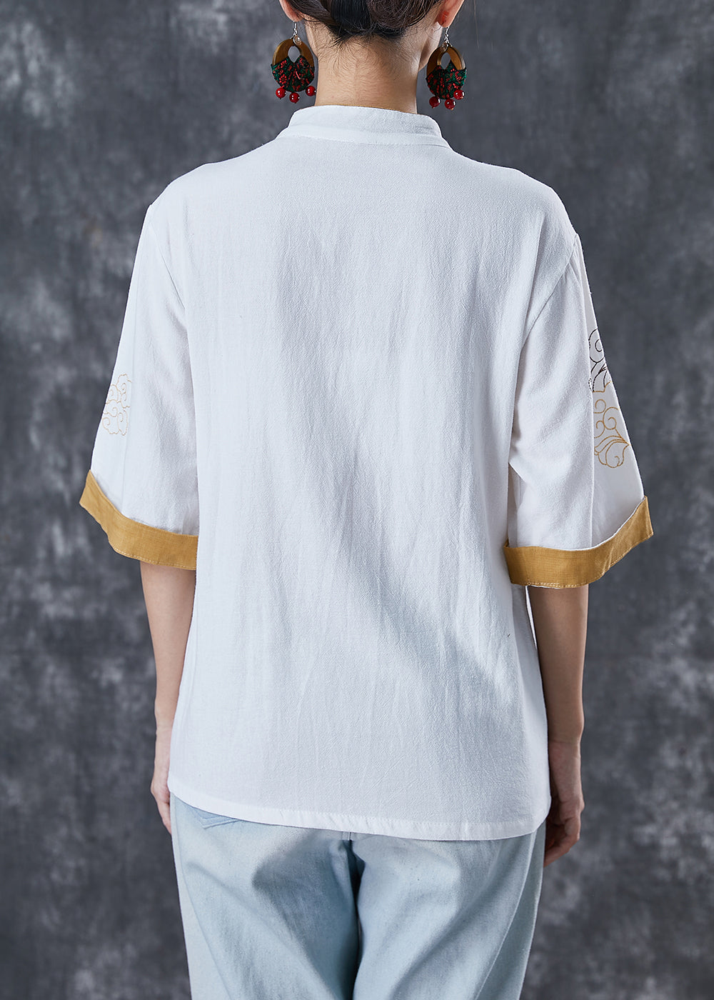 Italian White Embroideried Linen Blouse Tops Short Sleeve