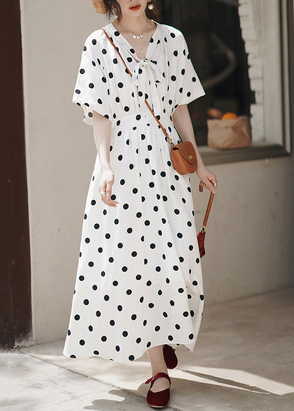 Italian White Lace Up Print Chiffon Long Dress Summer