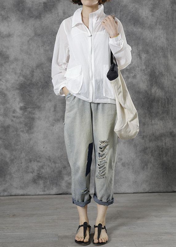 Italian White Loose Pockets Fall Tops Long Sleeve - Omychic