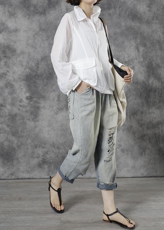 Italian White Loose Pockets Fall Tops Long Sleeve - Omychic