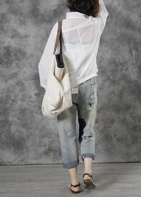 Italian White Loose Pockets Fall Tops Long Sleeve - Omychic