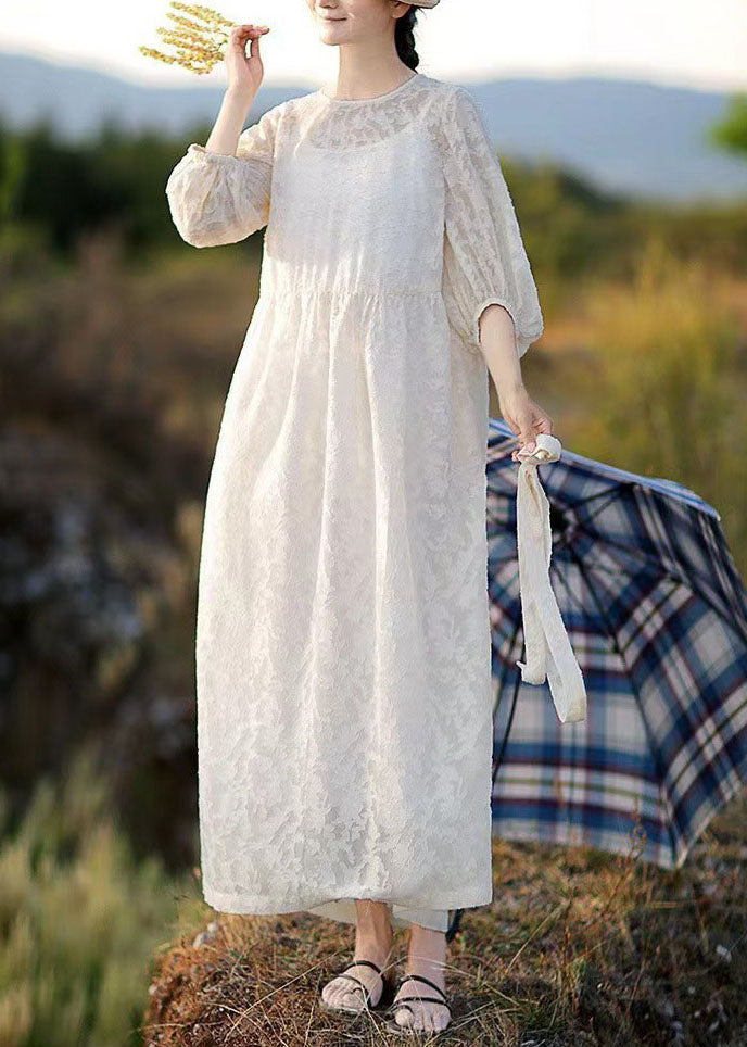Italian White O-Neck Embroideried Patchwork Linen Dress Lantern Sleeve