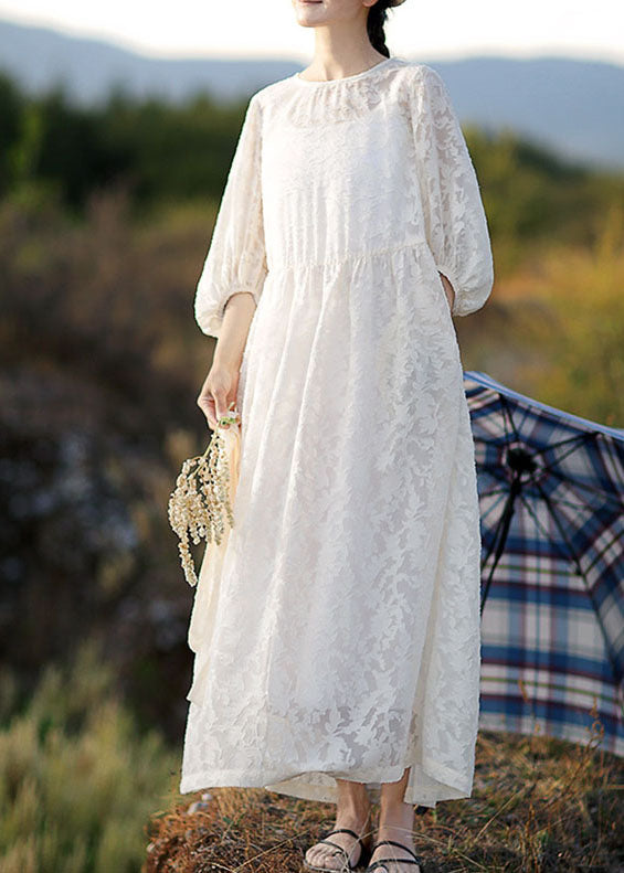 Italian White O-Neck Embroideried Patchwork Linen Dress Lantern Sleeve