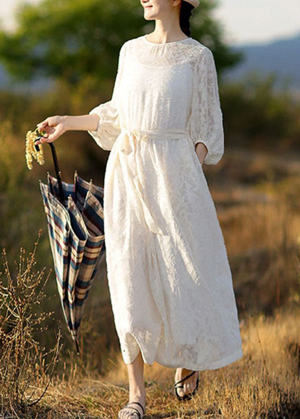 Italian White O-Neck Embroideried Patchwork Linen Dress Lantern Sleeve