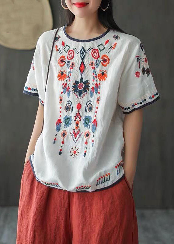 Italian White O Neck Embroideried Patchwork Linen T Shirts Summer