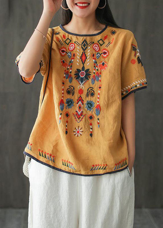 Italian White O Neck Embroideried Patchwork Linen T Shirts Summer