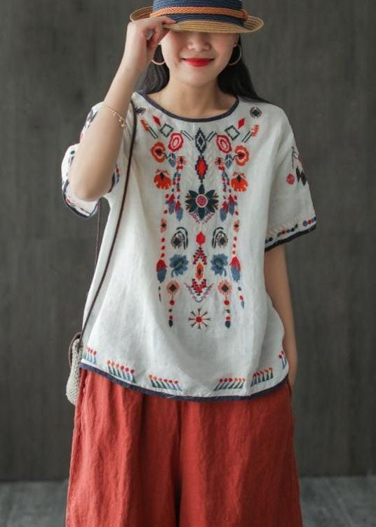 Italian White O Neck Embroideried Patchwork Linen T Shirts Summer