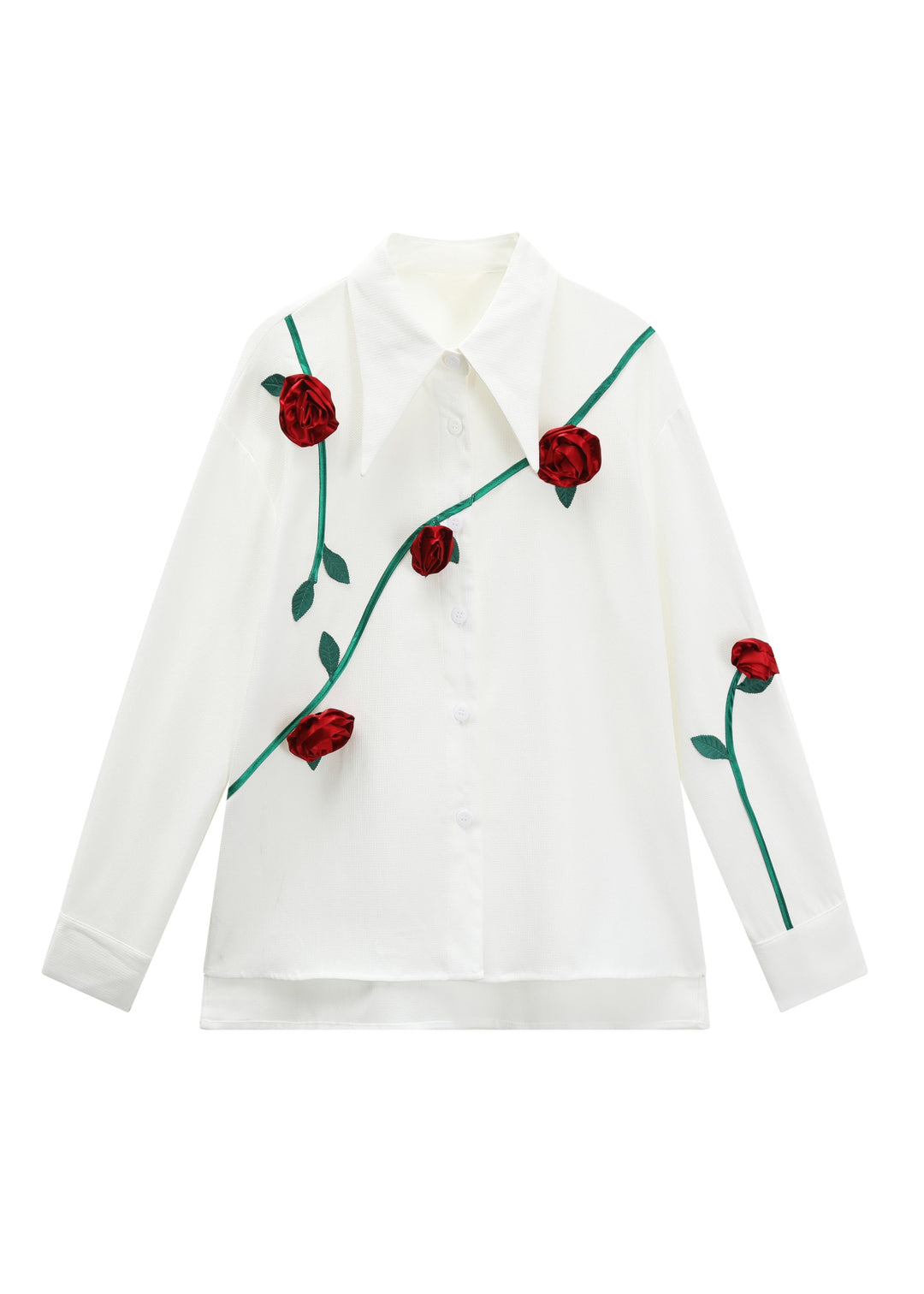 Italian White Peter Pan Collar Roses Floral Patchwork Button Shirt Long Sleeve