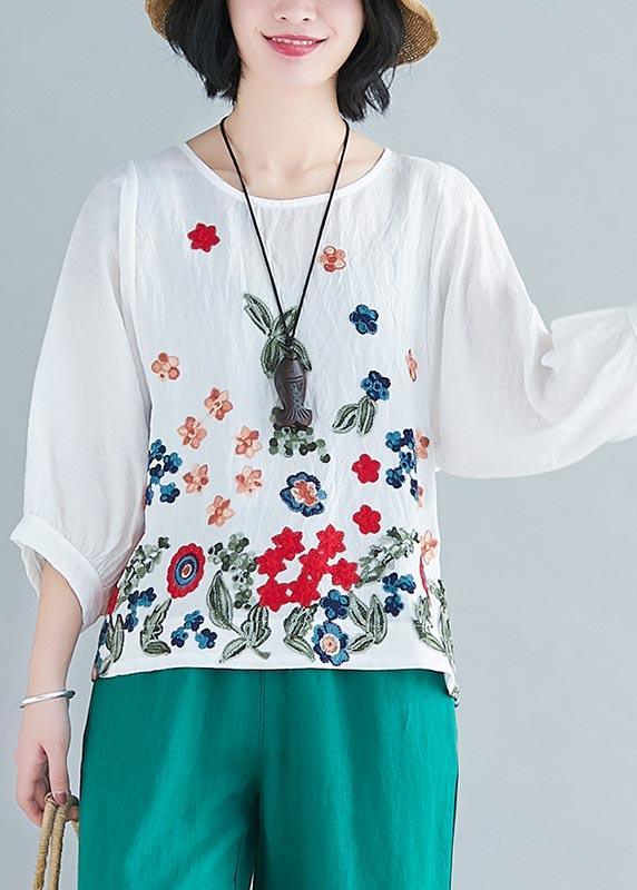 Italian White Print Batwing Sleeve Cotton Linen Summer Top - Omychic