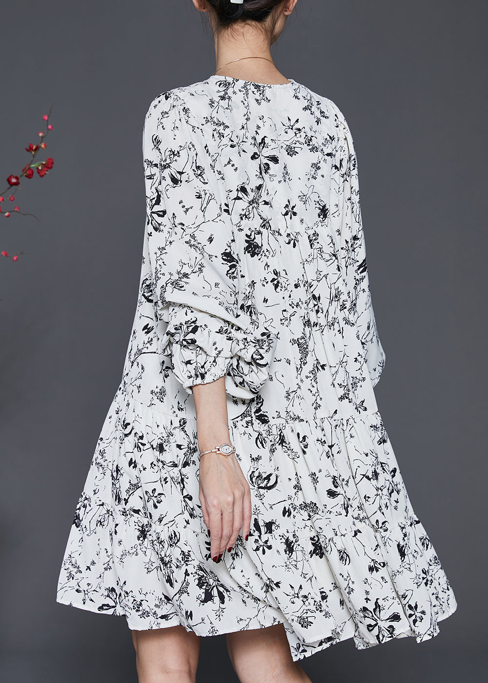 Italian White Print Lace Up Chiffon Mid Dress Spring