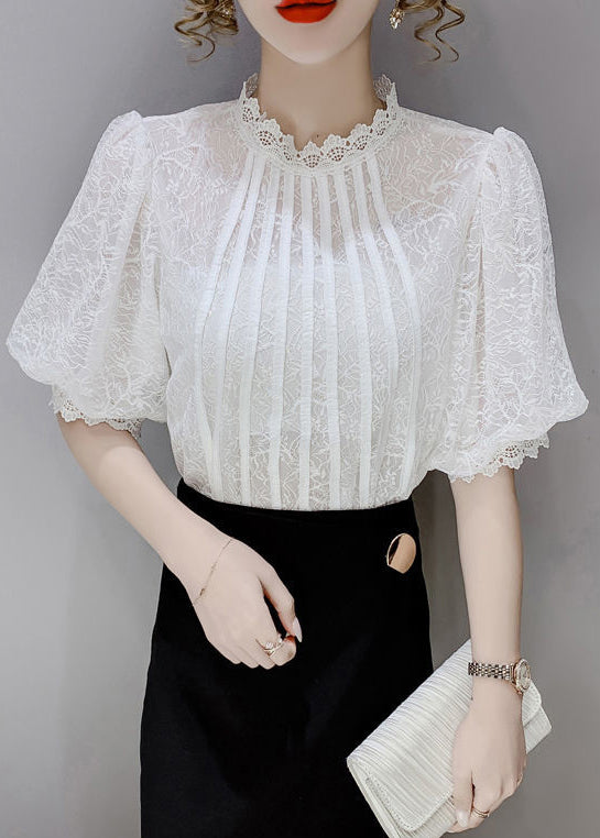 Italian White Wrinkled Patchwork Lace Tops Puff Sleeve