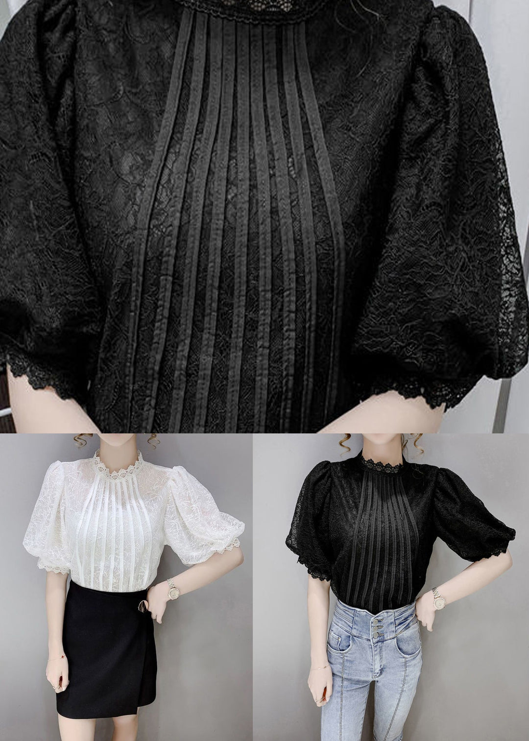 Italian White Wrinkled Patchwork Lace Tops Puff Sleeve