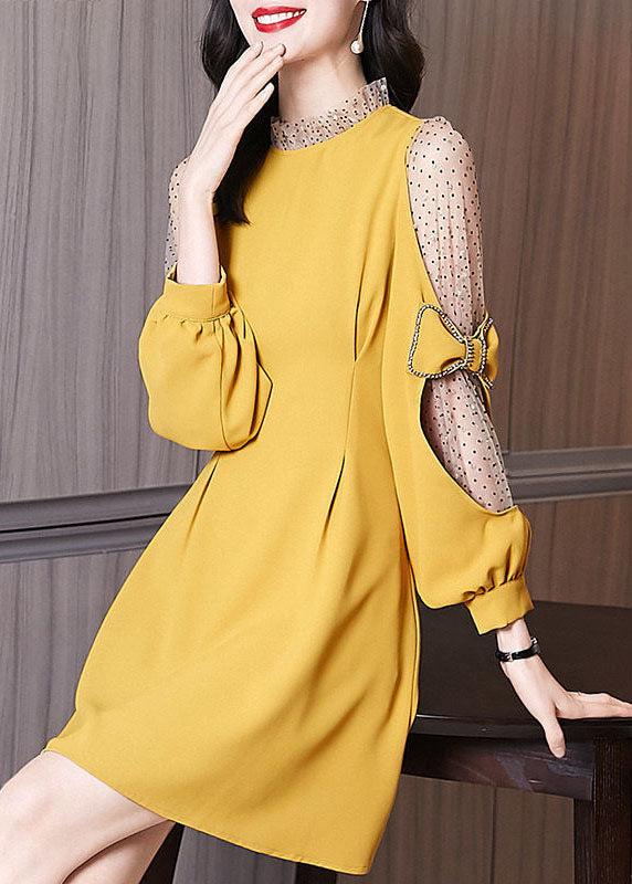 Italian Yellow Bow Patchwork Wrinkled Tulle Dress Spring